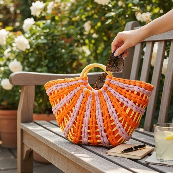 Love of Fashion South Beach Drawstring Straw Handbag NWT Orange Lavender - Picture 3 of 5
